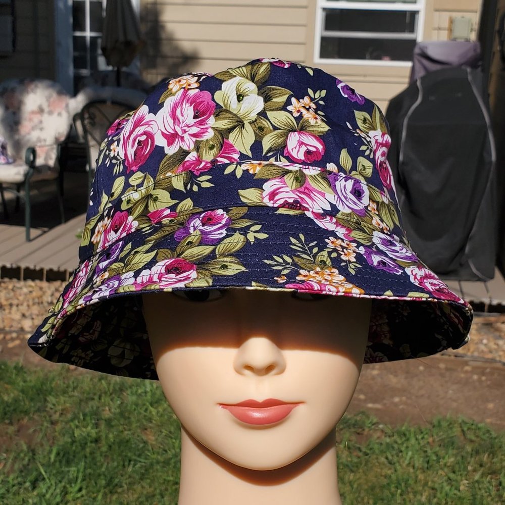 Ladies Navy Blue Flower BLING Bucket Hat NEW